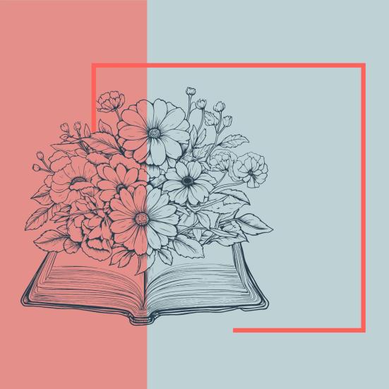 Stregtegning af blomster, der vokser op fra en åben bog i et grafisk design.