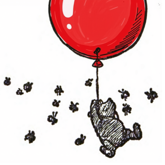 Illustration af Peter Plys, der holder fast i en stor rød ballon.